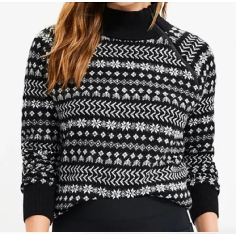 Lou & Grey Black White Fair Isle Mock Neck Asymmetrical Zip Sweater Womens Med - Picture 3 of 7